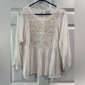 Lucky Brand White Whimscial Embroidered Tunic Blouse Sz M Babydoll Cottage Fairy